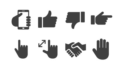 Icon pictogram set of hands with technology symbol, okay sign and thumbs down, handshake and other gestures