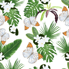 Fototapeta na wymiar Seamless pattern with tiare flowers, tropical leaves and butterflies. 
