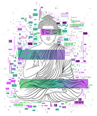 Glitch tattoo.Portrait of Buddha and pixel noise. Concept design for banner, card, t-shirt, print, poster.Vector illlustration 