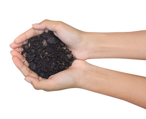 Hand holding a black soil on white background with clipping path