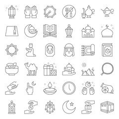 Fototapeta premium ramadan and eid Mubarak celebration icon, such as kaaba, prayer beads call Misbaha, arab man, mosque, outline icon