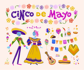 Vector cinco de mayo set of mexico traditional elements, symbols & skeleton characters in flat hand drawn style isolated on white background. Mexican celebration, national patterns & decorations, food