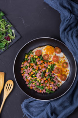 Fried eggs in iron pan