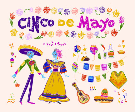 Vector cinco de mayo set of mexico traditional elements, symbols & skeleton characters in flat hand drawn style isolated on white background. Mexican celebration, national patterns & decorations, food