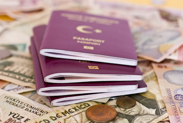 Foreign passports and money from different countries
