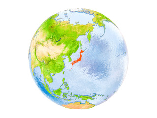 Japan on globe isolated