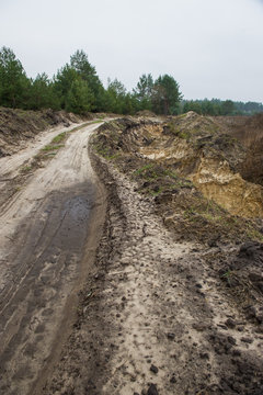 illegal mining of sand for construction. Destruction of coniferous forest and soil contamination. Pirate sand pit. Ukraine.