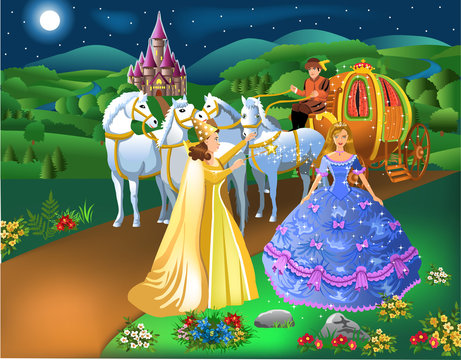 Cinderella scene with godmother fairy transforming pumpkin into carriage with horses and the girl into a princess