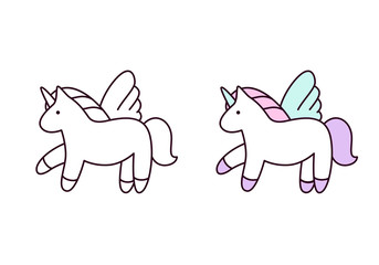 Unicorn set. Vector illustration. Colorful and line icons. Cute unicorn
