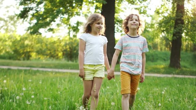 A loving couple, a boy and a girl, are walking around the park holding hands. First love. Dynamic video