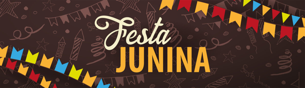 Festa Junina background with hand draw doodle elements and party flags. Brazil or Latin American holiday. Vector illustration