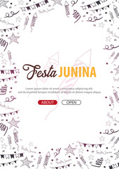 Festa Junina background with hand draw doodle elements. Brazil or Latin American holiday. Vector illustration