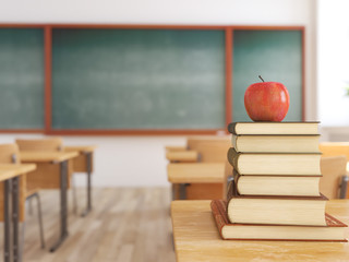one apple on books in empty school classroom. 3d rendering