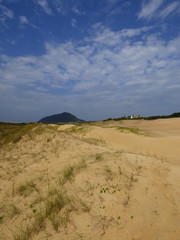 Dunes landscape at Ingleses beach on a sunny day, hills in the background (Florianopolis, Brazil)