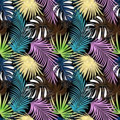 Fototapeta na wymiar Seamless colorful tropical pattern. Leaves of a palm, monstera on a dark background.