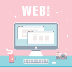 Computer with code on the screen on blue background. Web design concept