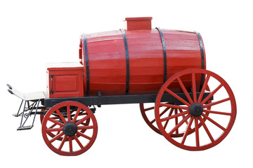 Fototapeta na wymiar barrel on wheels red, old fire truck isolated on white background