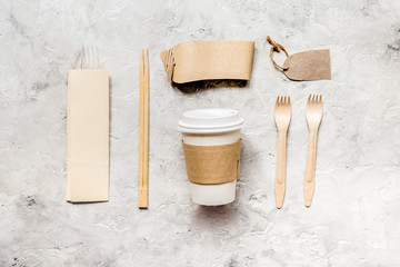 breakfast take away with paper bags on white table background to