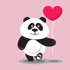 Cute panda bear in cartoon style with  balloon heart on  pink background. Suitable for postcards, covers, prints, posters. Flat design. Vector illustration