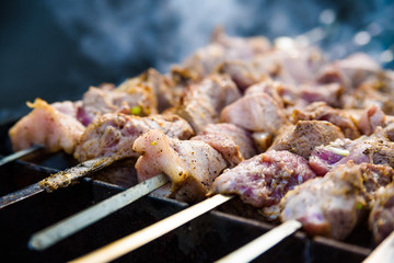Close-up shashlik or barbeque on skewers