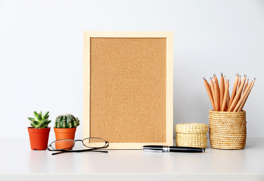 Work Space Cork Board On Desk In Office