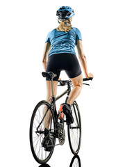 Obraz premium one caucasian cyclist woman cycling riding bicycle back rear view isolated on white background
