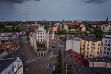 Aerial drone view on Zabrze city at dusk