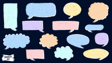Speech bubble doodles set. Scribble frames collection. Sketch vector. Hand drawn effect illustration. Messages, phrases, text, chat, talk or dialog clouds set. Scrawl graphics.