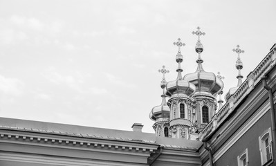 St. Petersburg church in Pushkin, late autumn, in black and white