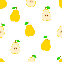 Seamless pattern with colorful pears with leaves on the white background.