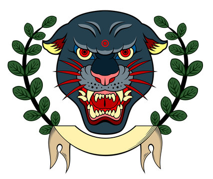Portrait of a grunted panther in an old skull tattoo style