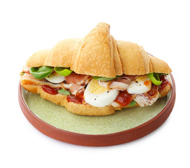 Tasty croissant sandwich with bacon on white background
