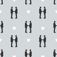 Seamless pattern with silhouettes of the grooms and hearts. Same-sex marriage.