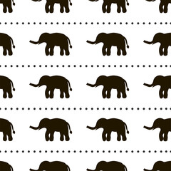 Seamless pattern with black elephants and circles on the white background.