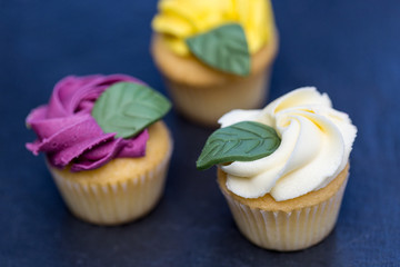 Closeup of rose flower cupcakes on dark background