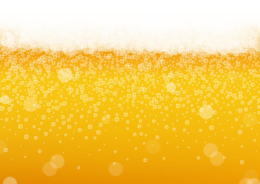 Beer foam background with realistic bubbles.  Cool beverage for restaurant menu design, banners and flyers.  Yellow horizontal beer foam background. Cold pint of golden lager or ale.