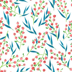Seamless pattern with red berry and blue leaf. Vector illustration for summer and nature design and background