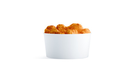 Blank white small food bucket with chicken wings mockup isolated, 3d rendering. Empty short pail...