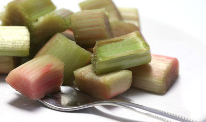 Frischer Rhabarber mit einer Kuchengabel