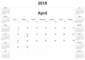 2018 monthly calendar with white background.
