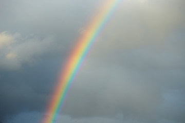 a bright rainbow on a dark stormy sky.