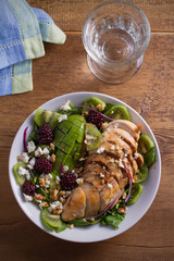 Kiwi, avocado, blackberry, spinach, walnuts salad with chicken and feta cheese. Healthy diet food bowl. overhead, vertical