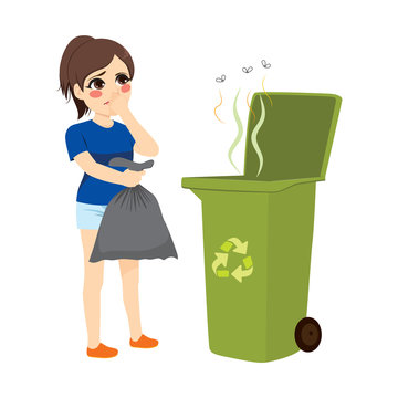 Woman holding stinky trash bag and throwing it on recycle bin
