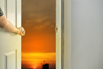 open the door to empty room to sunset scen