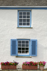 Fototapeta na wymiar Colourful summer flowers and blue shuttered windows on a seaside house in St Mawes, Cornwall, UK
