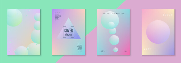 Cover fluid set with round shape. Gradient circles on holographic background. Modern hipster template for placards, banners, flyers, report, brochure. Minimal cover fluid in vibrant neon colors.