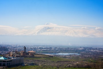 View on mountain Ararat and Yerevan in sunny spring day