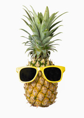 Fashion hipster pineapple, Bright summer color, Tropical fruit with sunglasses, Creative art concept, Minimal style, Hot beach vibes isolated on a white background