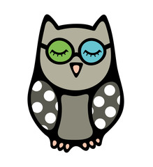 Doodle owl bird with closed eyes in glasses.