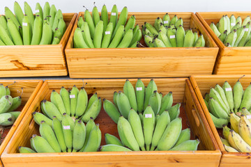 Banana with price tag in wooden box